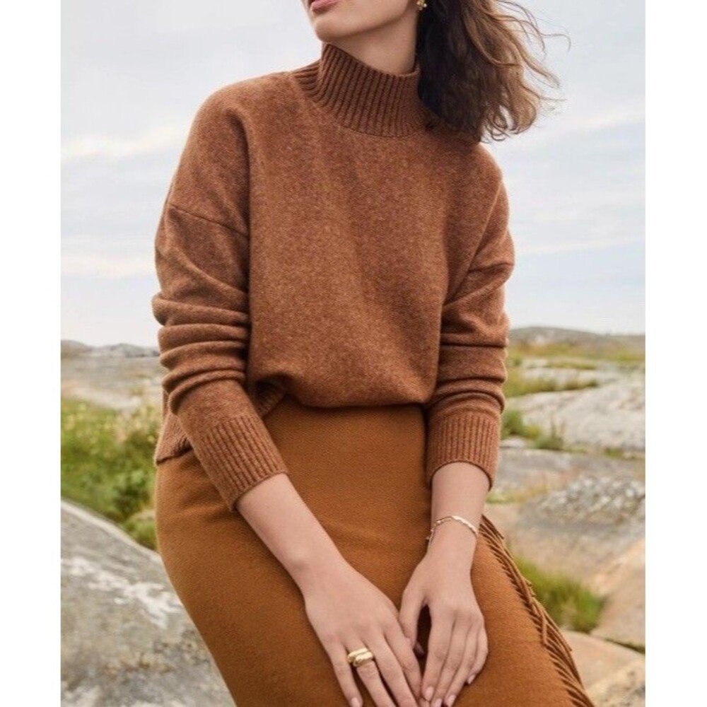 Loft Women Modern Mock Neck Sweater Tan Wool Blend Long Sleeve Pullover Petite L